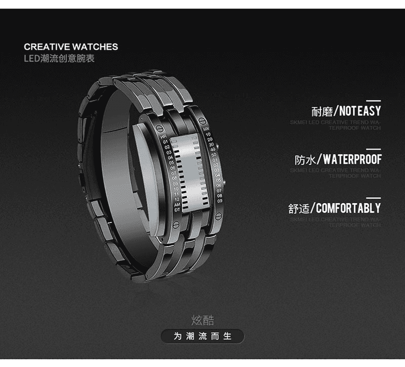 Men's Cool Binary Watch Stainless Steel LED Bracelet Watch Stylish Blue Light Sport Watch Vacuum plated black