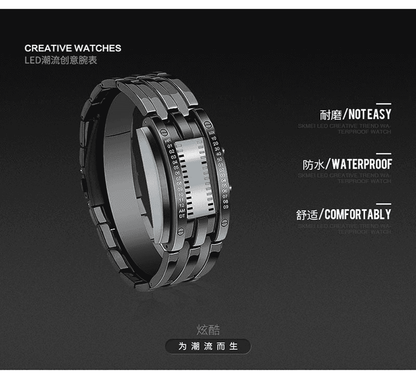 Men's Cool Binary Watch Stainless Steel LED Bracelet Watch Stylish Blue Light Sport Watch Vacuum plated black
