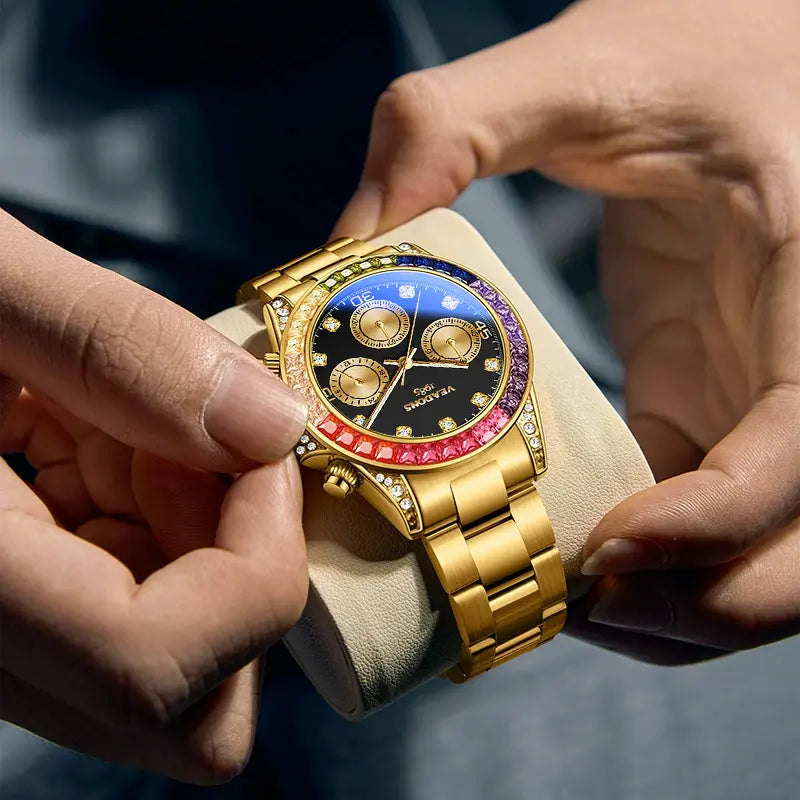 VEADONS Men's Business Fashion Rhinestone Decorated AnalogQuartz Watch Rainbow Crystal Chronograph Quartz Movement Luminous Date WaterResistant for Party Daily Wear Birthday Gift with Box