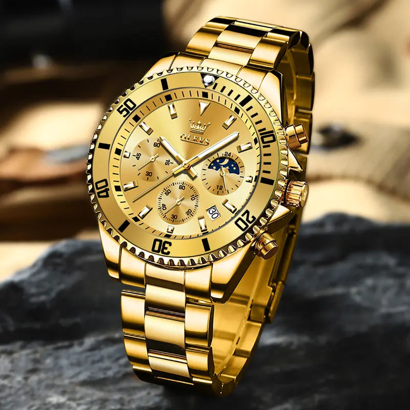 Men's Diamond Business Dress Analog Quartz Stainless Steel Waterproof Luminous Date Gold Luxury Casual Watch