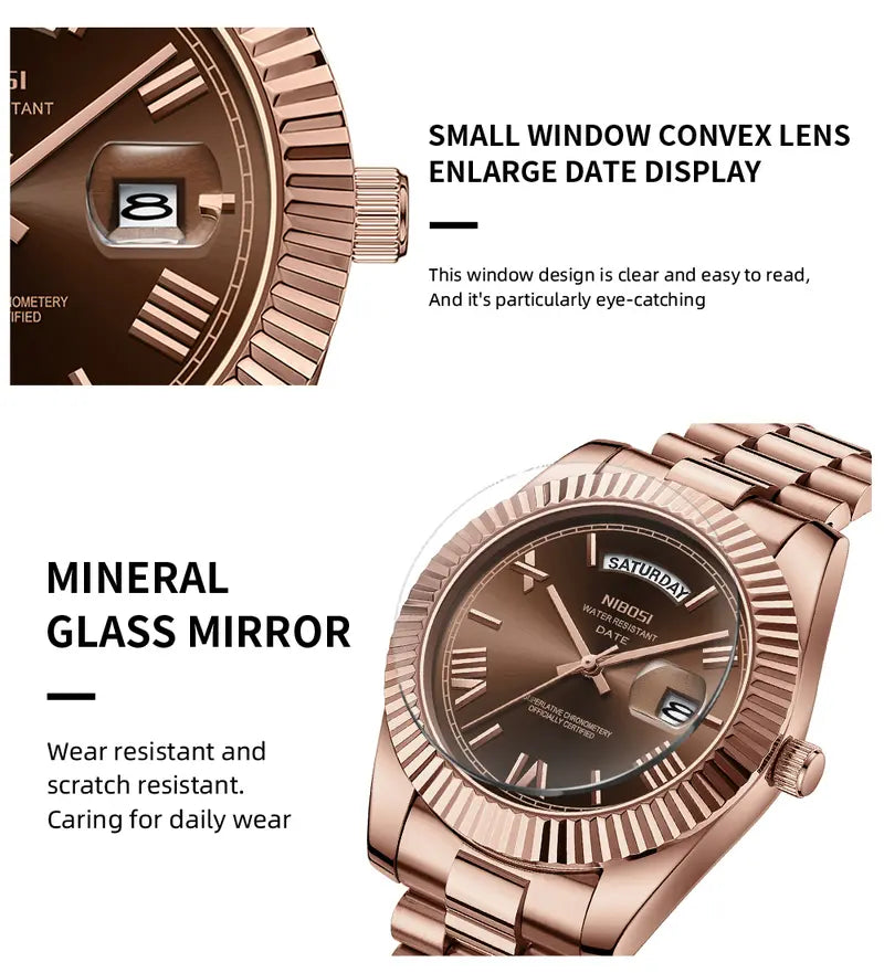 NIBOSI Men's Luxury Dress Watch 40mm rose gold Dial Stainless Steel Band Rotating Quartz Analog Waterproof Luminous Big Face Boss Wrist Watch