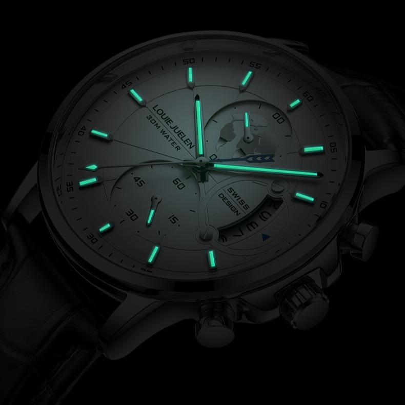 Elegant Men's Watch: Globe Design, 30m Water Resistance, Luminous Dial, Calendar & Chronograph | Stylish for Day & Business | Classic Timepiece