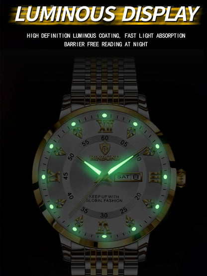 Binbond Waterproof Luminous Men's Watch, Automatic Self-Wind Quartz Wristwatch, Calendar Date Week Display, Trendy Fashion Timepiece