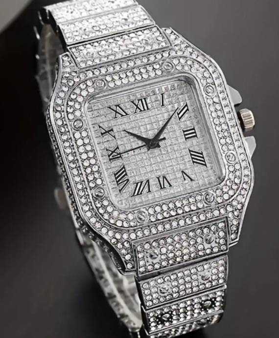 A square-shaped men's quartz watch featuring a starry sky design on the dial, stainless steel strap, diamond embellishments, and Roman numerals, Modern Fashionable Wristwatch, Casual Trendy Wristwatch, Quartz Analog Watches