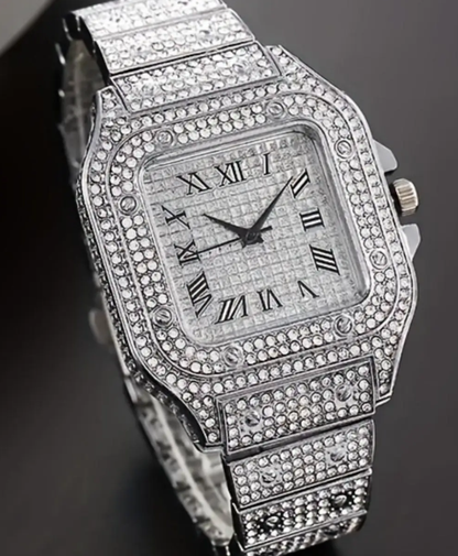A square-shaped men's quartz watch featuring a starry sky design on the dial, stainless steel strap, diamond embellishments, and Roman numerals, Modern Fashionable Wristwatch, Casual Trendy Wristwatch, Quartz Analog Watches