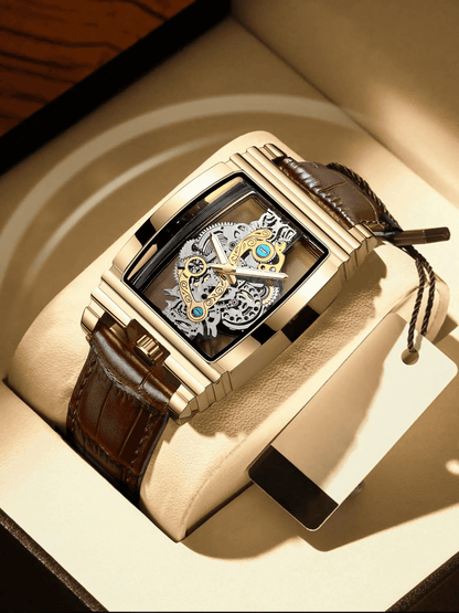 Men's Punk Fashion Barrel Shaped Leather Quartz Watch, Mechanical Style Statement Watch for Party, Daily Decor, Trendy All-match & Exquisite Watch for Birthday Gift with Box