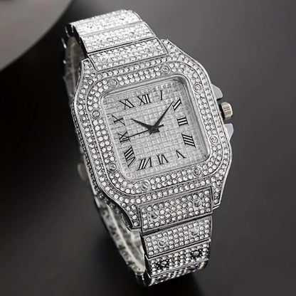 A square-shaped men's quartz watch featuring a starry sky design on the dial, stainless steel strap, diamond embellishments, and Roman numerals, Modern Fashionable Wristwatch, Casual Trendy Wristwatch, Quartz Analog Watches