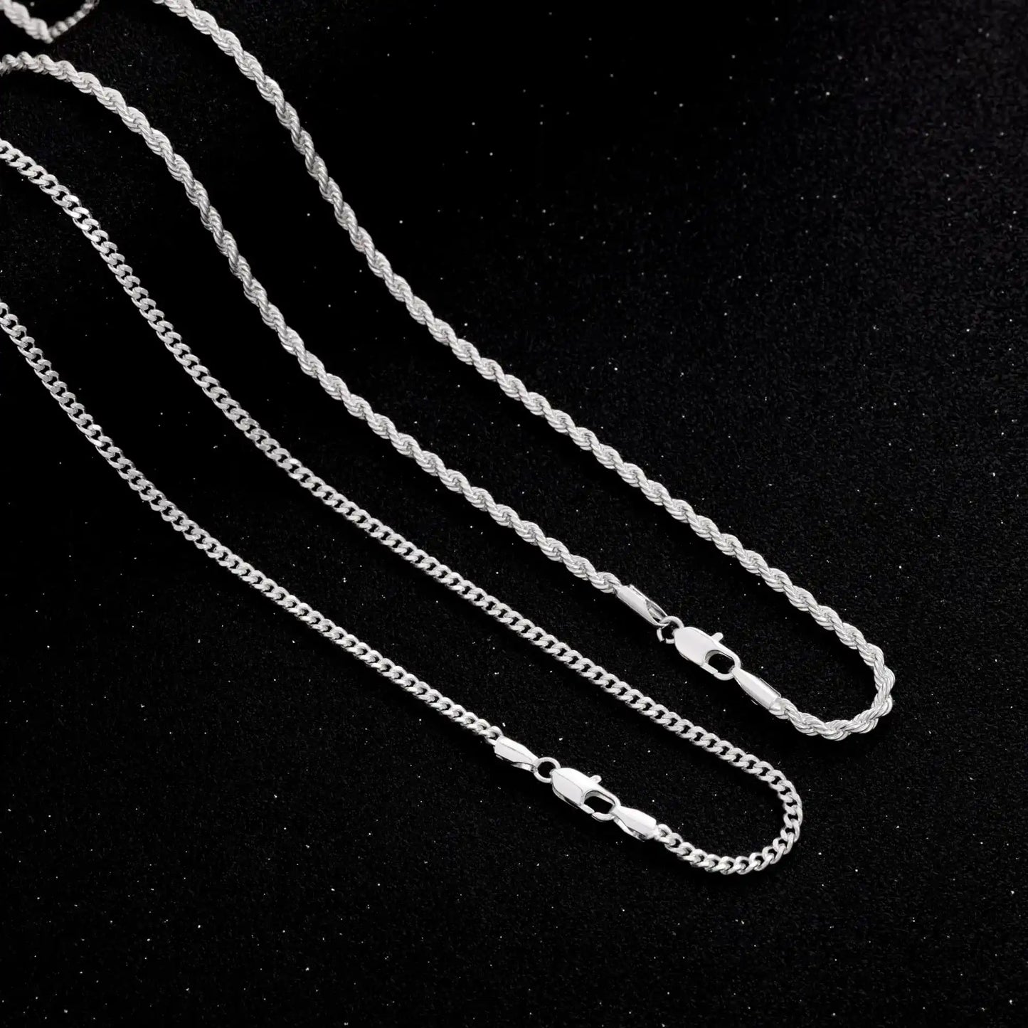 Tewiky Greenish Spring Trendy 2Pcs 3mm Chain Necklace for Men Silver Layered Cuban Link Rope Necklaces Set Simple Jewelry Gift 18-28 Inches Present Jewelry