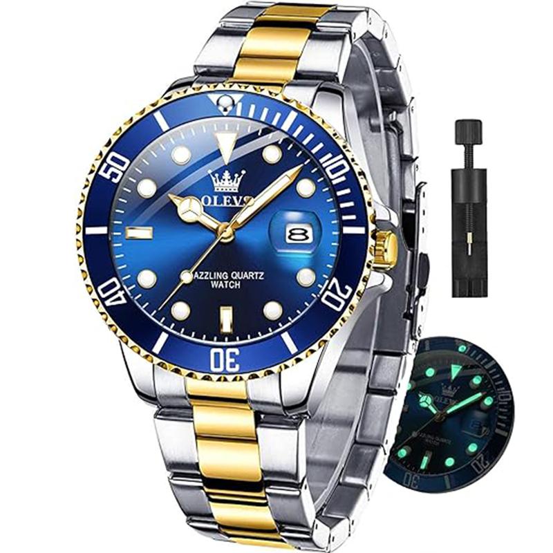 Men's Luxury Dress Watch Blue Dial 40mm Stainless Steel Band Rotating Quartz Analog Waterproof Luminous Big Face Boss Wrist Watch