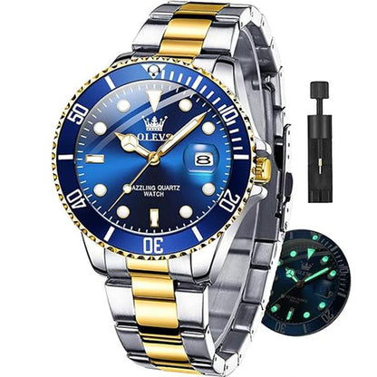 Men's Luxury Dress Watch Blue Dial 40mm Stainless Steel Band Rotating Quartz Analog Waterproof Luminous Big Face Boss Wrist Watch