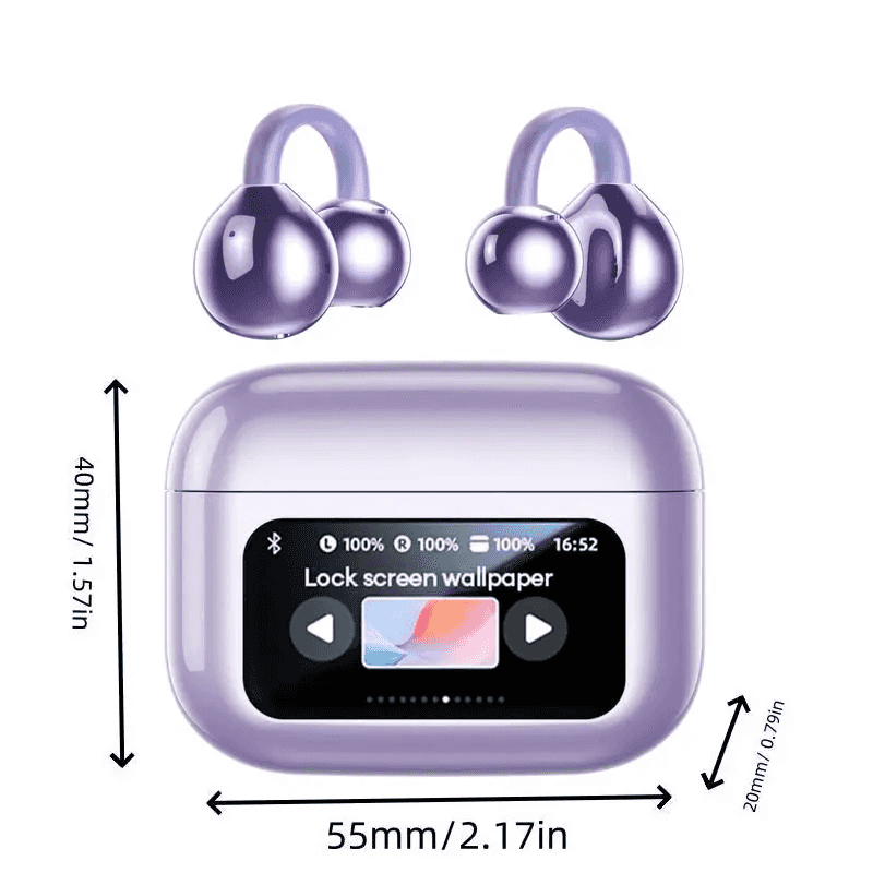 Clip-On Ear Earbuds with Audio-Visual Touch Screen, Bluetooth Wireless for Music & Calls, Sport, Compatible with Android & iOS. Features DIY Wallpaper, Multi-Language Translation, and Personalized Exclusive Experience.