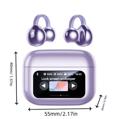 Clip-On Ear Earbuds with Audio-Visual Touch Screen, Bluetooth Wireless for Music & Calls, Sport, Compatible with Android & iOS. Features DIY Wallpaper, Multi-Language Translation, and Personalized Exclusive Experience.