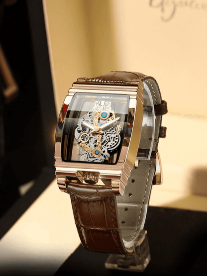 Men's Punk Fashion Barrel Shaped Leather Quartz Watch, Mechanical Style Statement Watch for Party, Daily Decor, Trendy All-match & Exquisite Watch for Birthday Gift with Box