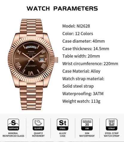 NIBOSI Men's Luxury Dress Watch 40mm rose gold Dial Stainless Steel Band Rotating Quartz Analog Waterproof Luminous Big Face Boss Wrist Watch