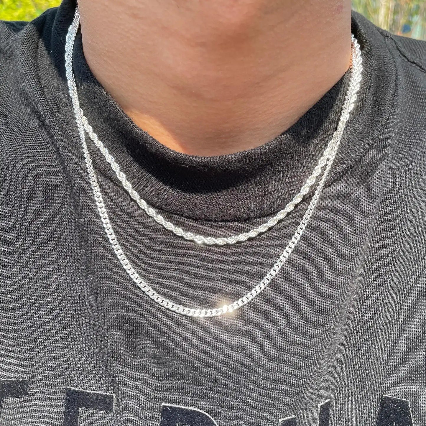 Tewiky Greenish Spring Trendy 2Pcs 3mm Chain Necklace for Men Silver Layered Cuban Link Rope Necklaces Set Simple Jewelry Gift 18-28 Inches Present Jewelry