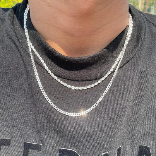 Tewiky Greenish Spring Trendy 2Pcs 3mm Chain Necklace for Men Silver Layered Cuban Link Rope Necklaces Set Simple Jewelry Gift 18-28 Inches Present Jewelry