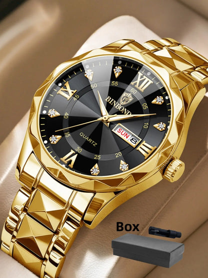 Men's Business Fashion Rhinestone Decor Analog Quartz Watch, Calendrier Waterproof Watch for Party, Daily Decor, Trendy Exquisite Watch for Birthday Gift with Box, Business Fashion Watches