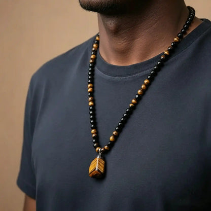 1 Piece Fashionable Retro Natural Tiger's Eye Geometric Pendant Adjustable Beaded Necklace Men's and Women's Daily Wear Jewelry Gifts